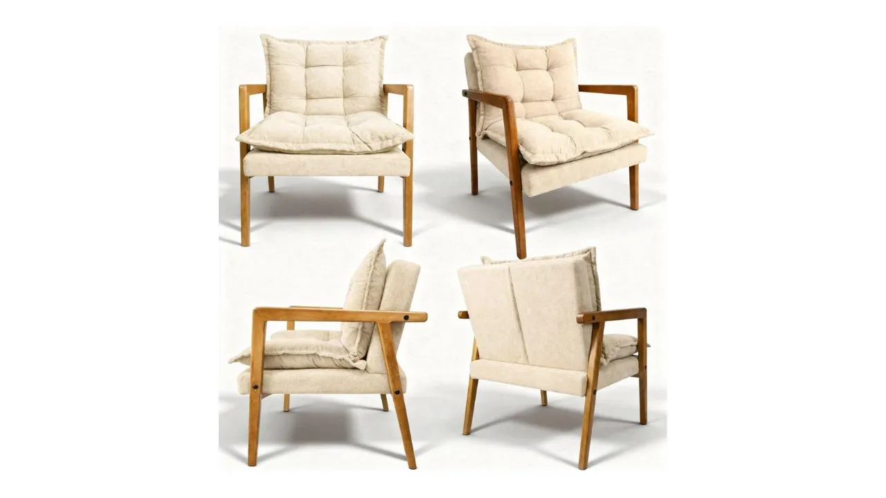 Poltrona Moderna Confortável Sala De Estar Design Elegante Estrutura Madeira Estofado Tecido Boucle Estilo Sofisticado Moblan Decor (Bege)